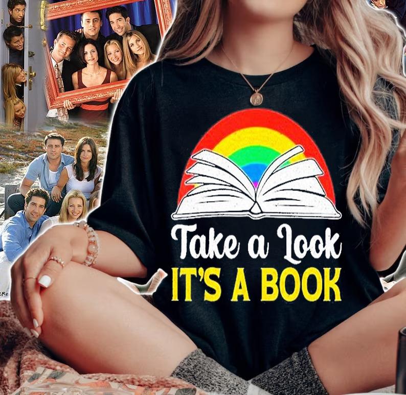Take A Look Its In A Book Retro Rainbow Bookworms Reading T-Shirt woman shirt