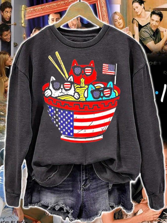 Cats Ramen Anime American Flag USA 4th of July shirt sweatshirt